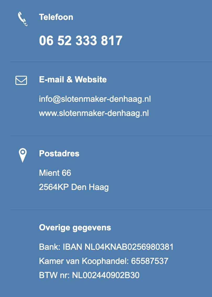 Bedrijfsggegevens Slotenmaker Den Haag Locksmith The Hague